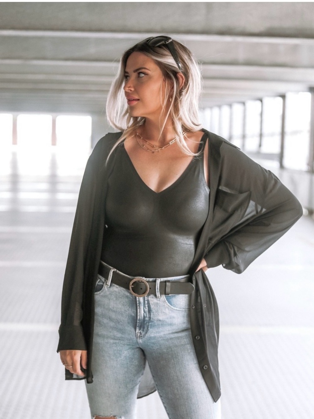 Knix Papaya Sheer Black Oversized Button-Up long sleeve Shirt blouse